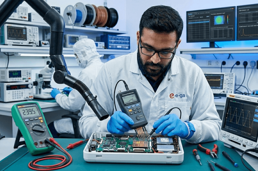 Electronics technician working at a grounded ESD-protected workstation